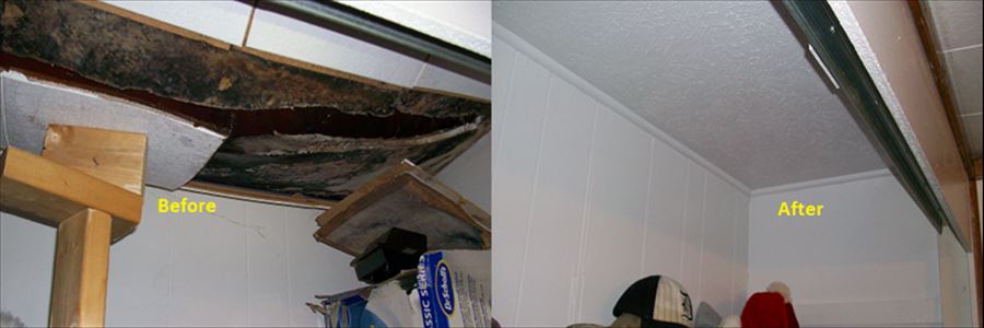 Roof leak with interior damage before and after.